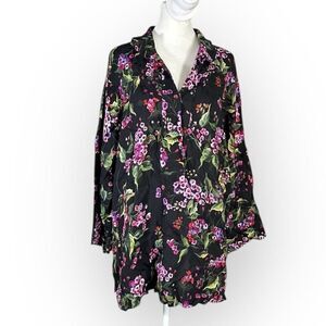 Escada Tunic Blouse Women's 46/XL Black Pink Green Floral 3/4 Sleeve Collared